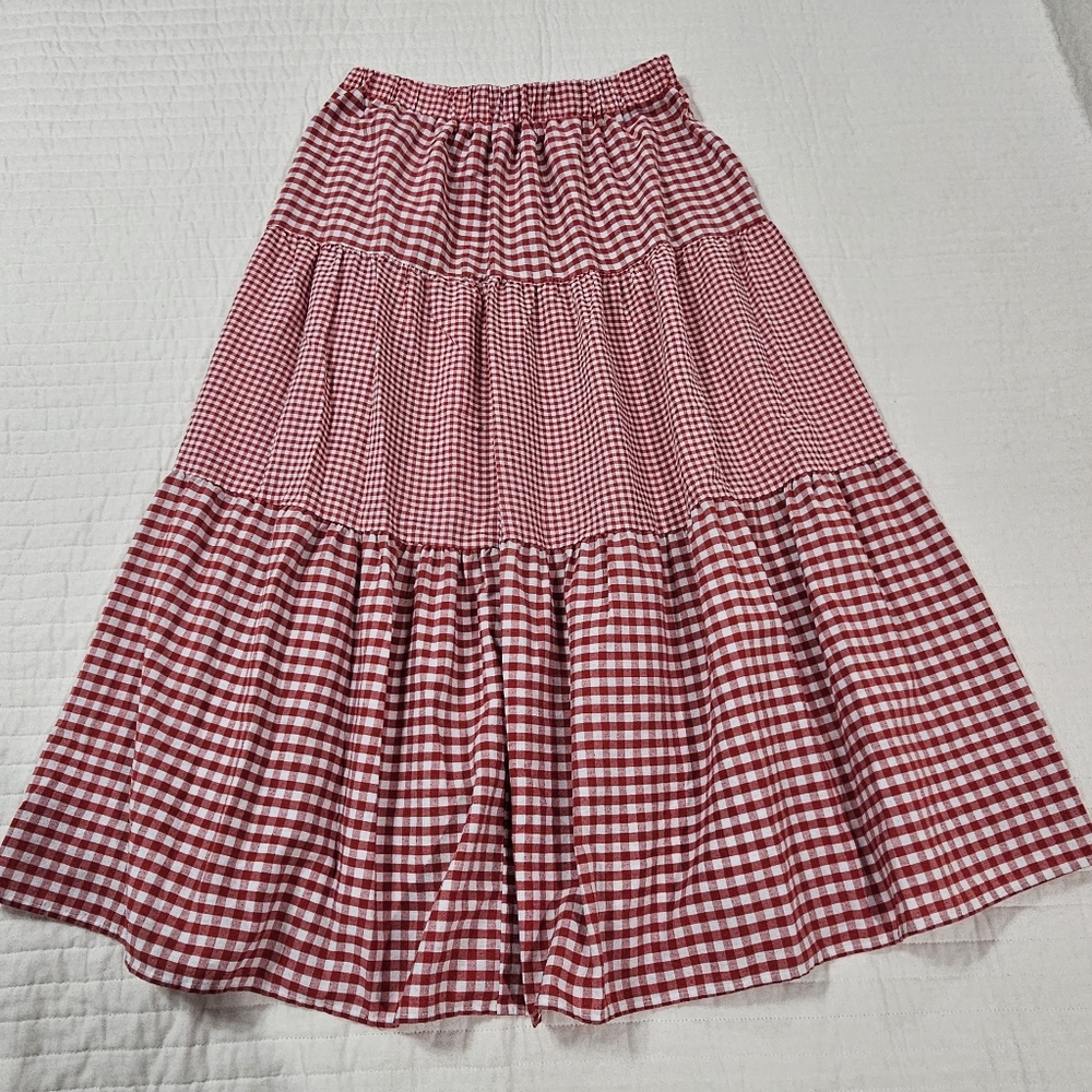 Women's Gingham Tiered Layer Skirt Flowy Elastic High Waist Skirt - Picture 4 of 6